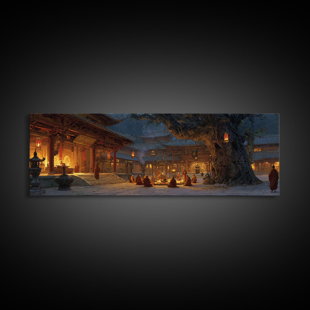Snowy Temple Courtyard Wall Art, Lantern Lit Monastery Framed Canvas Print, Asian Inspired Decor, Meditation Room Art, Zen Decor