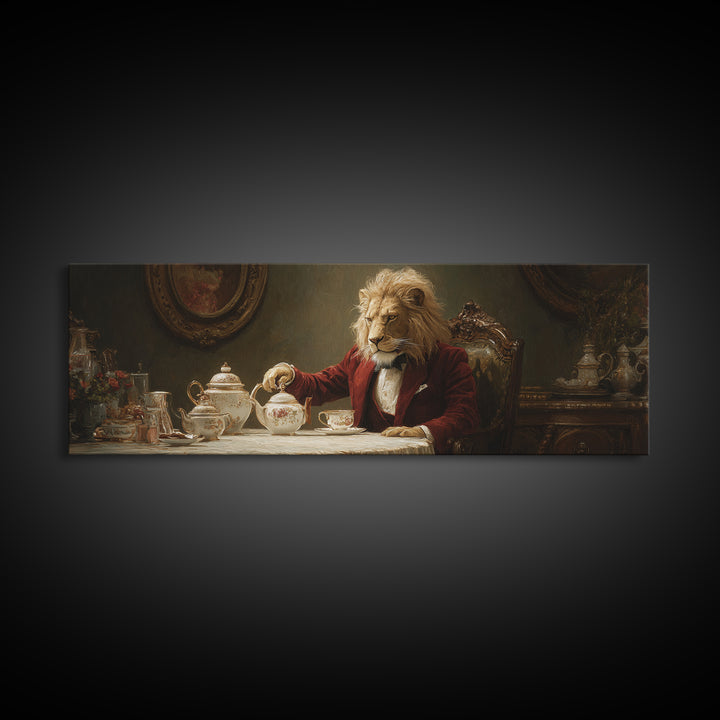 Dapper Lion Pouring Tea Framed Canvas Print, Whimsical Animal Wall Art, Victorian Decor, Dining Room Decor, Funny Gift For Cat Lovers