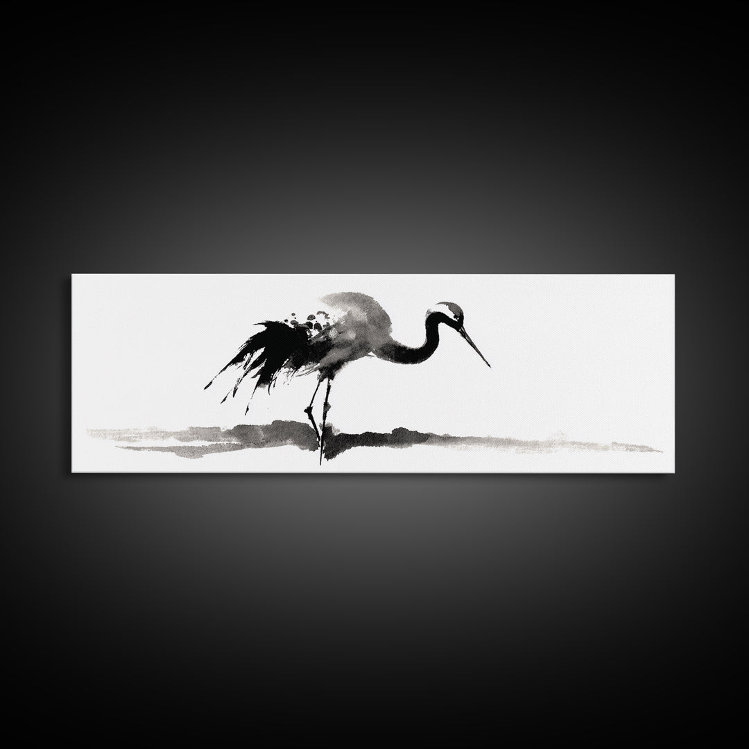 Black Ink Crane Wall Art, Minimalist Bird Painting Canvas Print, Japanese Wall Decor, Zen Home Decor, Black And White Art