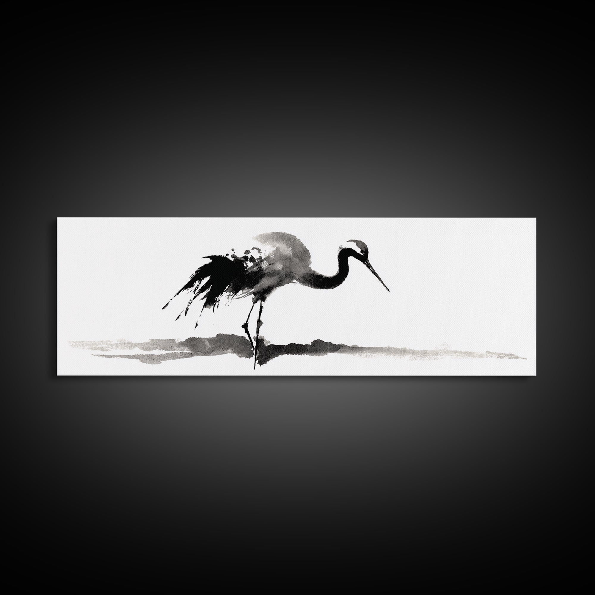 Black Ink Crane Wall Art, Minimalist Bird Painting Canvas Print, Japanese Wall Decor, Zen Home Decor, Black And White Art
