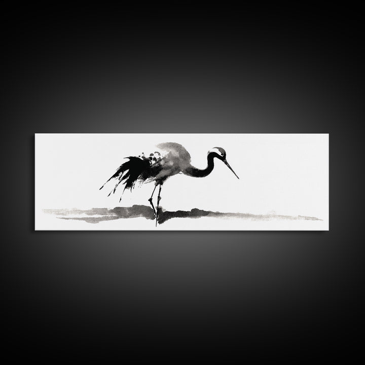 Black Ink Crane Wall Art, Minimalist Bird Painting Canvas Print, Japanese Wall Decor, Zen Home Decor, Black And White Art