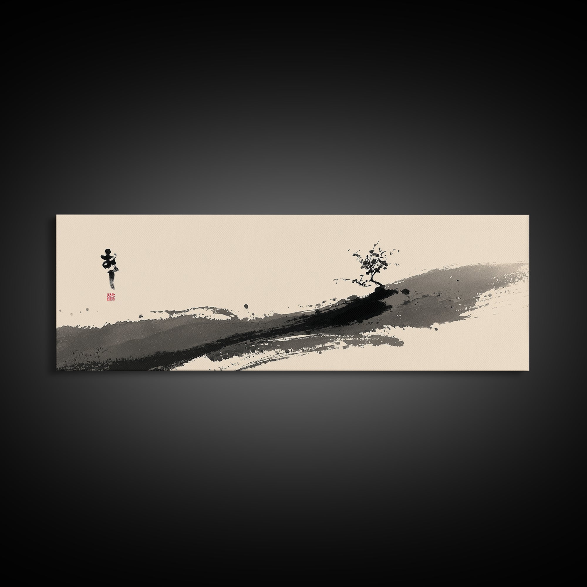 Minimal Ink Tree Canvas Print, Japanese Calligraphy Landscape Wall Art, Zen Brush Painting, Neutral Japandi Home Decor Print