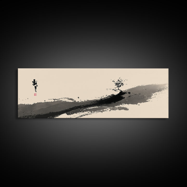 Minimal Ink Tree Canvas Print, Japanese Calligraphy Landscape Wall Art, Zen Brush Painting, Neutral Japandi Home Decor Print
