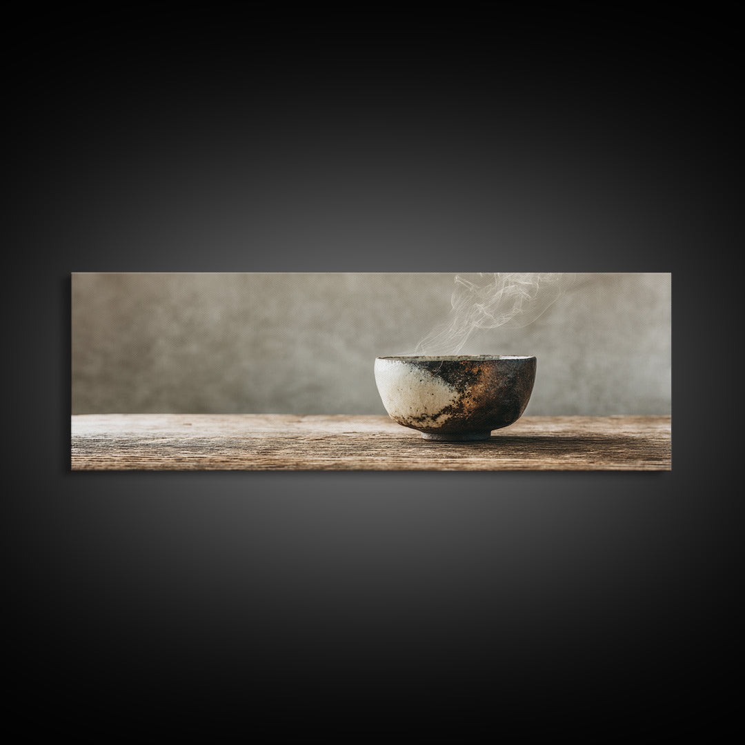 Steaming Wabi Sabi Ceramic Bowl Wall Art, Neutral Kitchen Canvas Print, Japandi Dining Room Decor, Minimalist Zen Fine Art Print