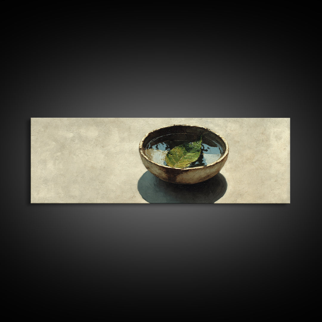 Rustic Bowl With Floating Leaf Canvas Print, Wabi Sabi Wall Art, Minimalist Still Life, Japandi Zen Home Decor, Neutral Kitchen Art Print