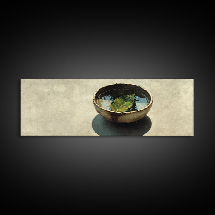 Rustic Bowl With Floating Leaf Canvas Print, Wabi Sabi Wall Art, Minimalist Still Life, Japandi Zen Home Decor, Neutral Kitchen Art Print