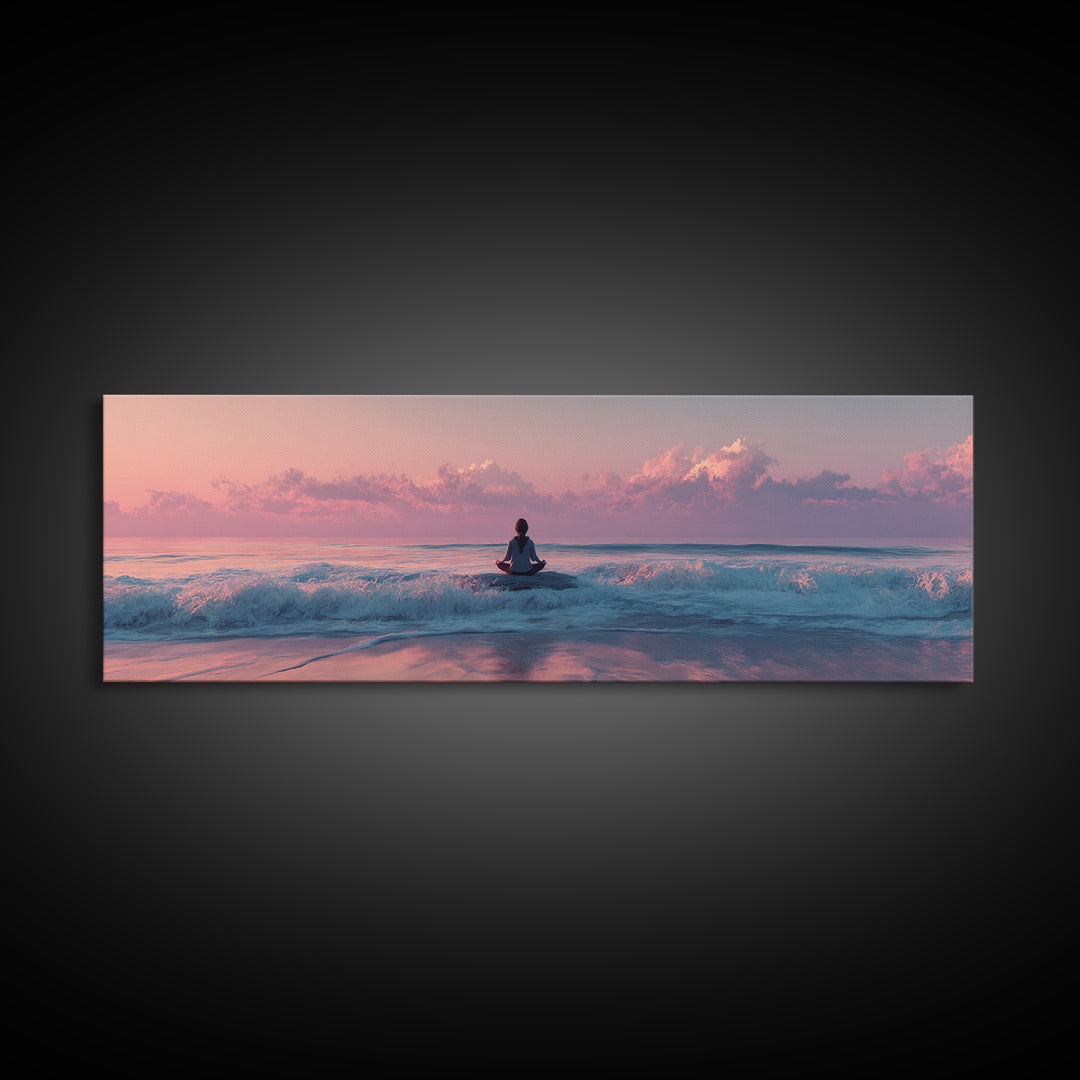 Peaceful Ocean Meditation Canvas Print, Pink Sunset Beach Wall Art, Coastal Yoga Decor, Seascape Art, Calming Bedroom Decor