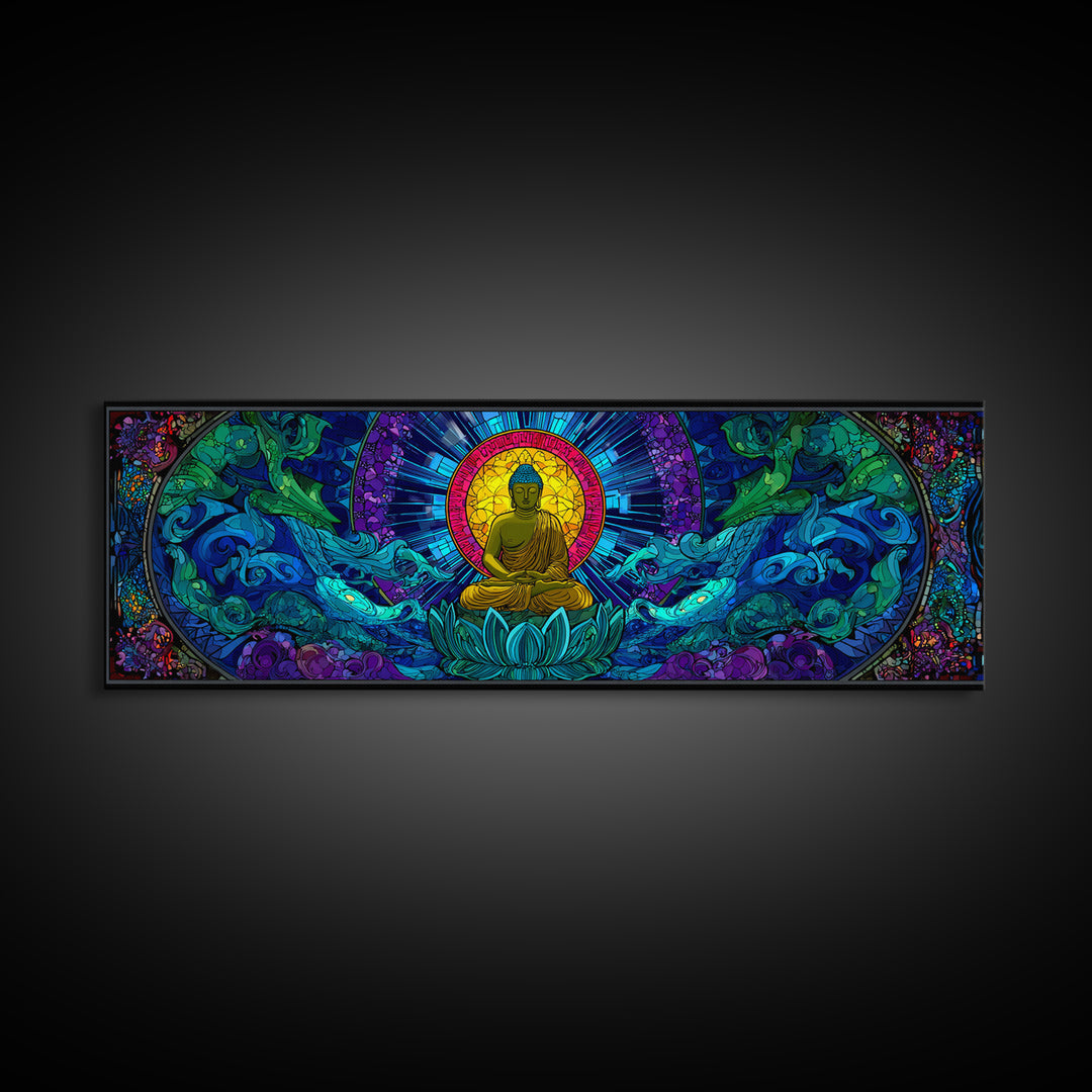 Stained Glass Buddha Ocean Wave Wall Art, Lotus Meditation Canvas Print, Colorful Zen Spiritual Yoga Room Home Decor Gift