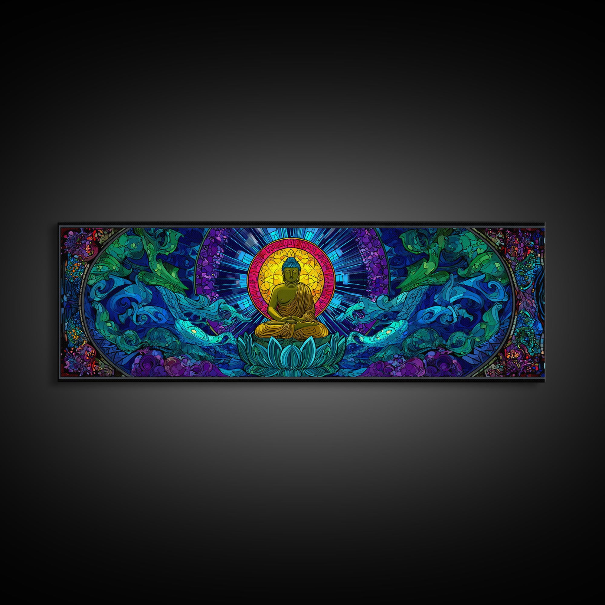 Stained Glass Buddha Ocean Wave Wall Art, Lotus Meditation Canvas Print, Colorful Zen Spiritual Yoga Room Home Decor Gift