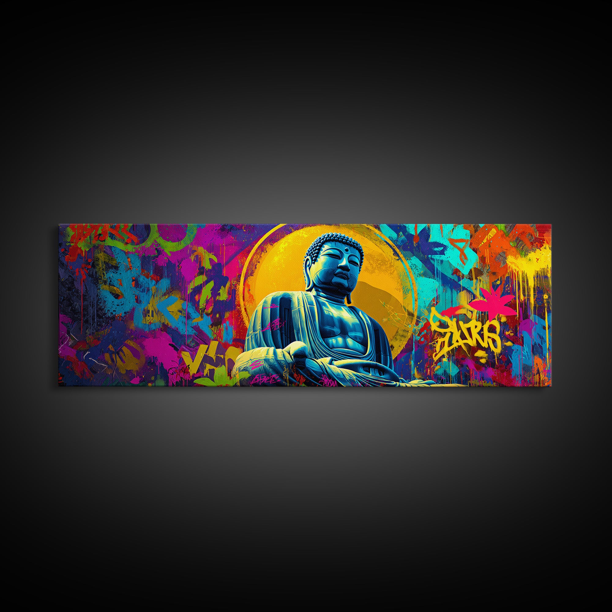 Colorful Graffiti Buddha Wall Art, Pop Art Meditation Decor, Vibrant Urban Street Art, Spiritual Yoga Room Framed Canvas Print