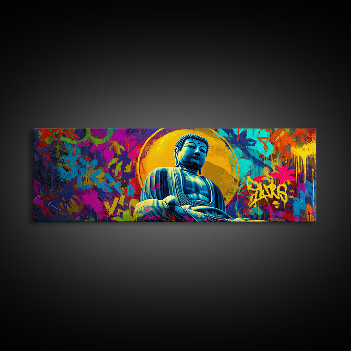 Colorful Graffiti Buddha Wall Art, Pop Art Meditation Decor, Vibrant Urban Street Art, Spiritual Yoga Room Framed Canvas Print