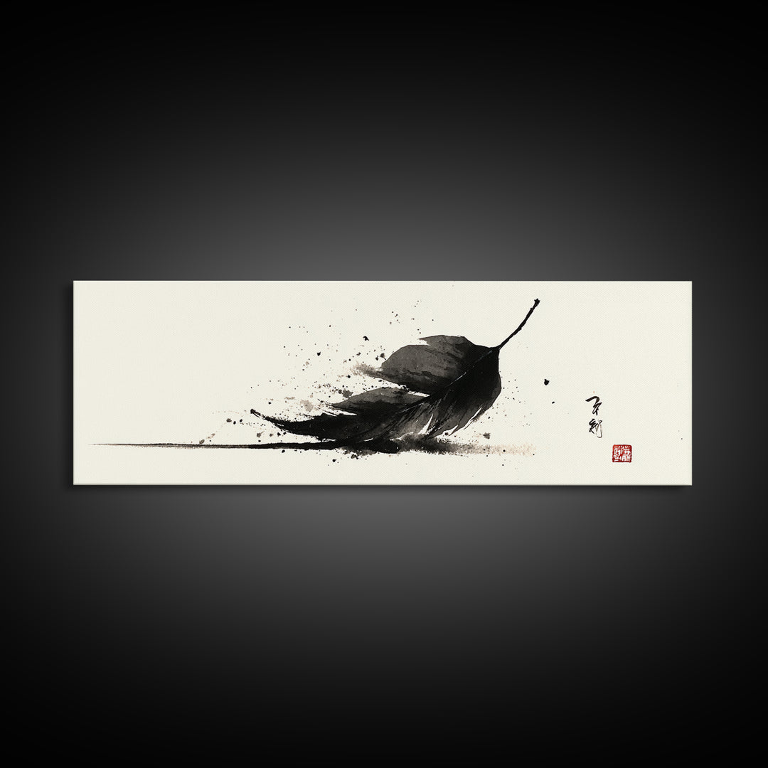 Black Ink Feather Japanese Sumi Wall Art, Minimalist Black And White Art Print, Zen Nature Decor For Office Or Bedroom Wall Decor