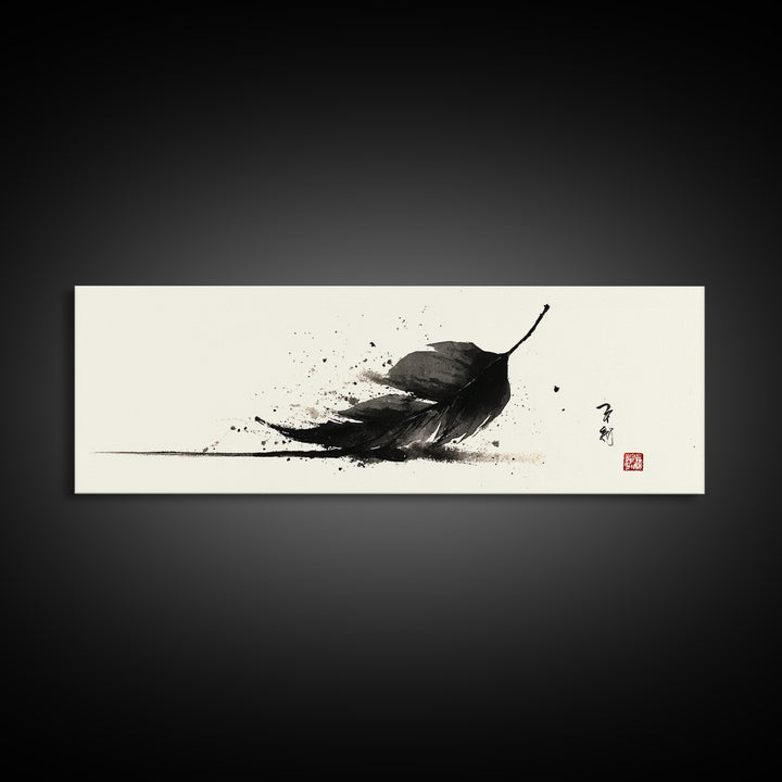 Black Ink Feather Japanese Sumi Wall Art, Minimalist Black And White Art Print, Zen Nature Decor For Office Or Bedroom Wall Decor