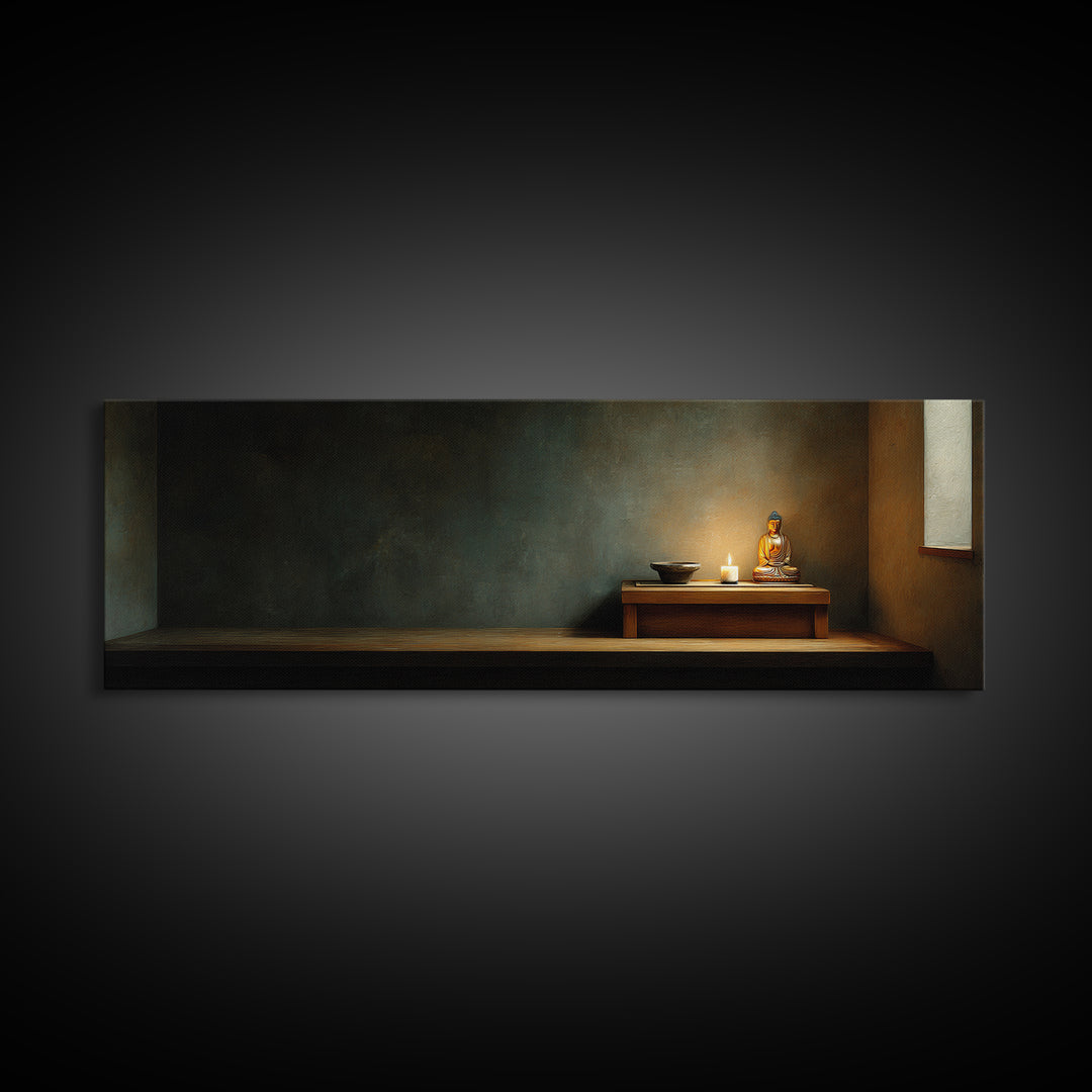 Quiet Buddha Altar With Candle Framed Canvas Print, Calming Meditation Room Wall Art, Zen Home Decor, Spiritual Gift For Her