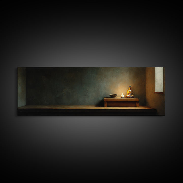 Quiet Buddha Altar With Candle Framed Canvas Print, Calming Meditation Room Wall Art, Zen Home Decor, Spiritual Gift For Her