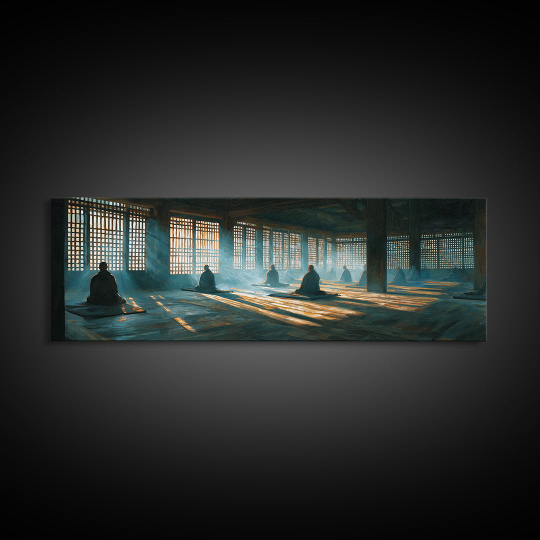 Meditation Hall With Monks And Sunbeams Wall Art, Zen Framed Canvas Print, Spiritual Decor, Yoga Studio, Prayer Room Art