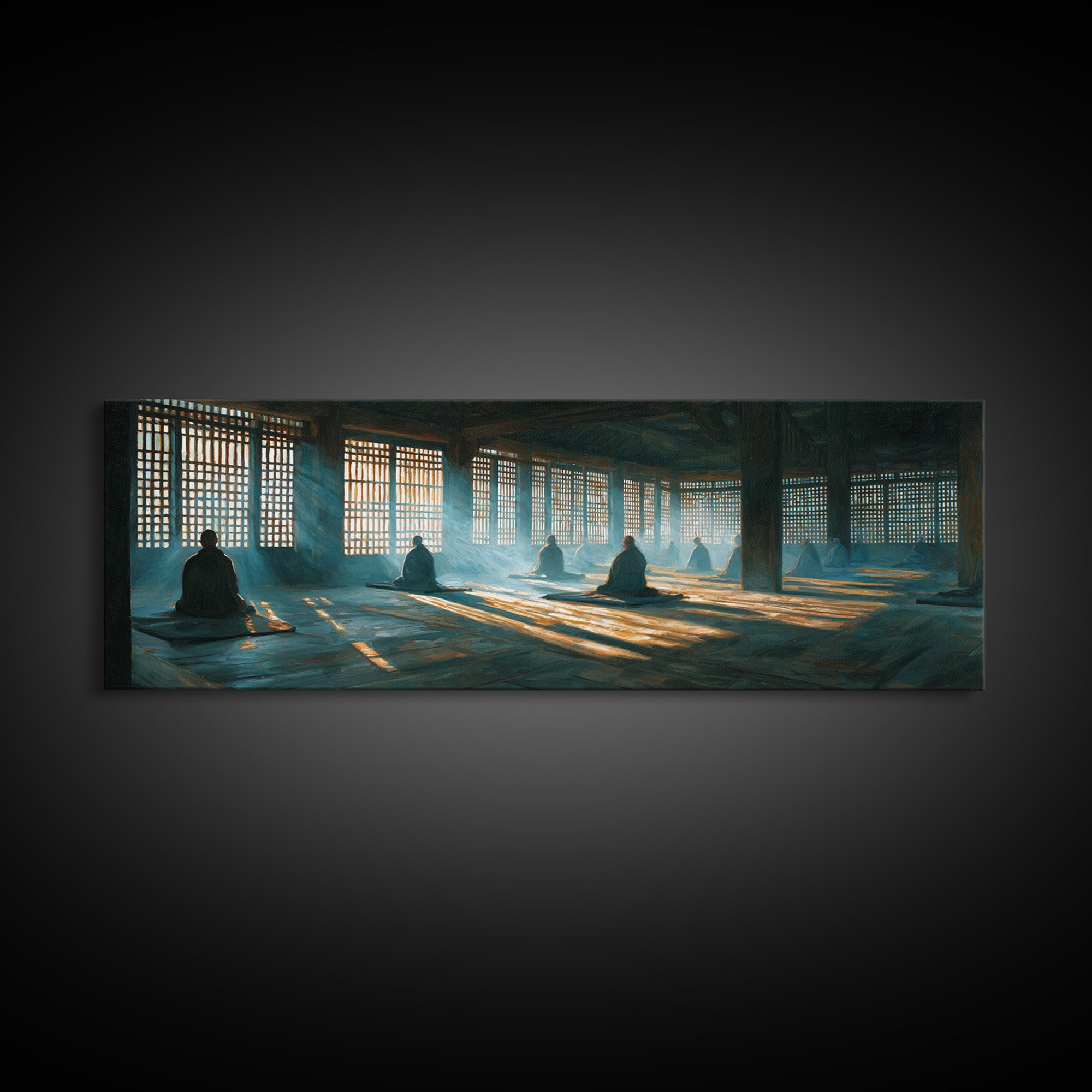 Meditation Hall With Monks And Sunbeams Wall Art, Zen Framed Canvas Print, Spiritual Decor, Yoga Studio, Prayer Room Art