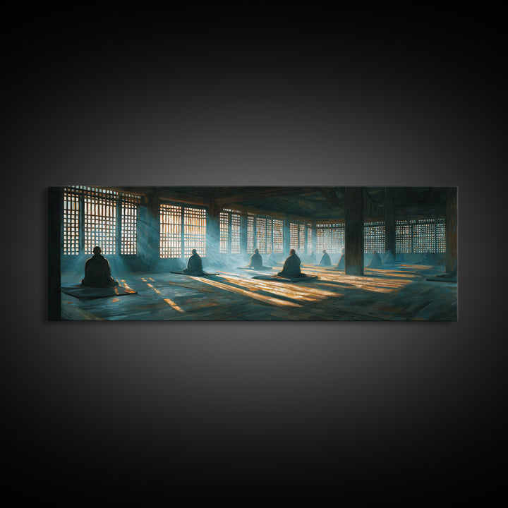 Meditation Hall With Monks And Sunbeams Wall Art, Zen Framed Canvas Print, Spiritual Decor, Yoga Studio, Prayer Room Art