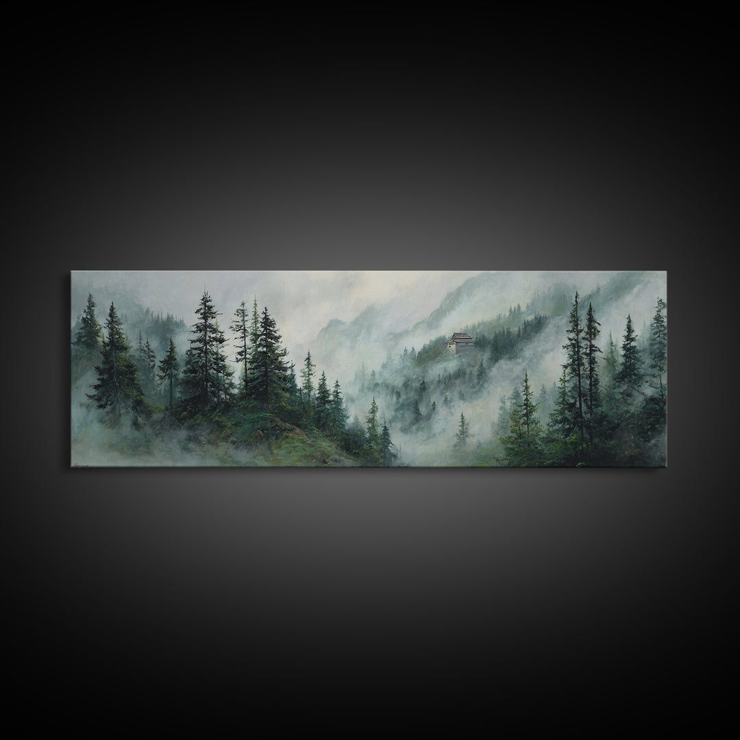 Misty Pine Mountain Temple Wall Art, Foggy Evergreen Forest Landscape, Japandi Nature Decor, Long Horizontal Canvas Print