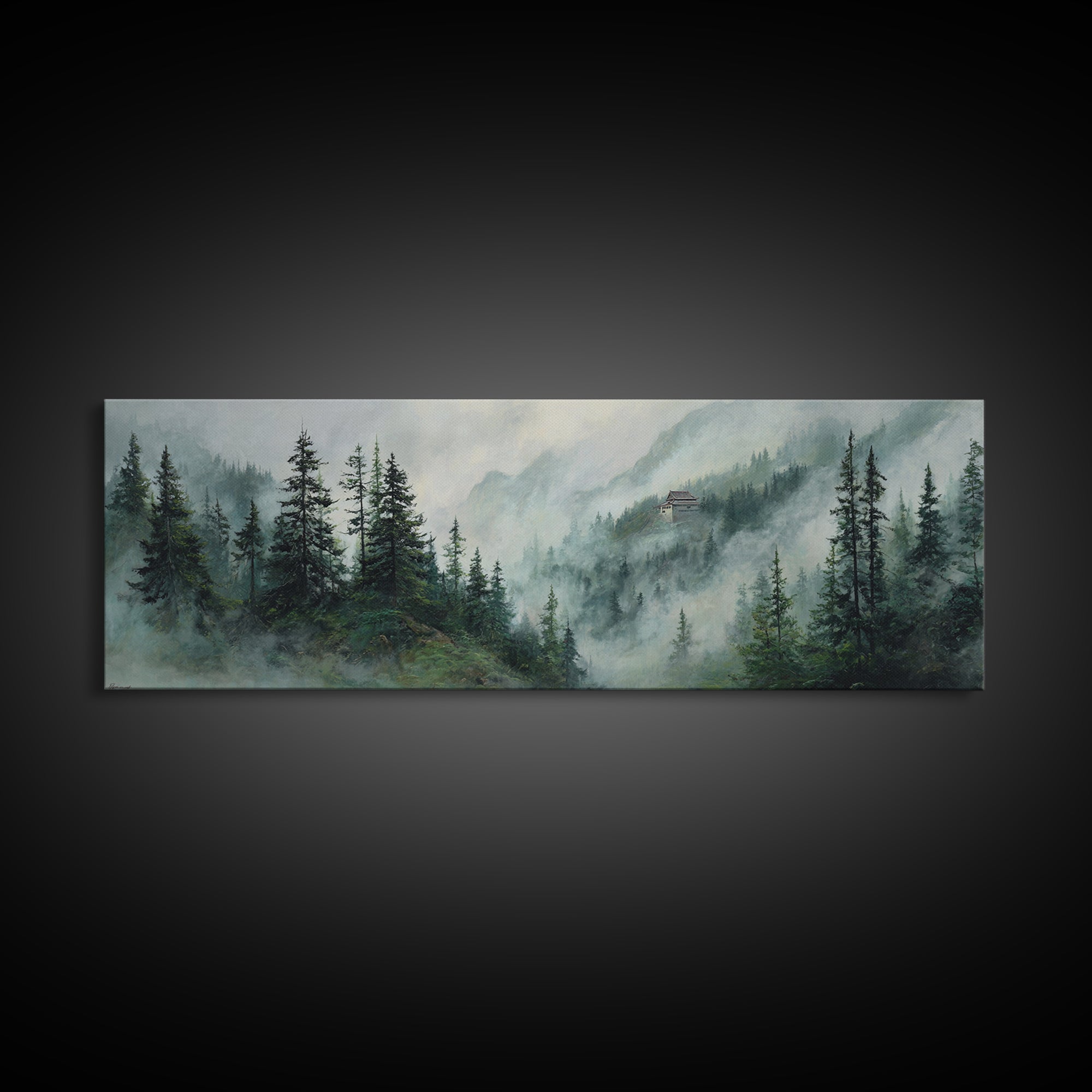 Misty Pine Mountain Temple Wall Art, Foggy Evergreen Forest Landscape, Japandi Nature Decor, Long Horizontal Canvas Print