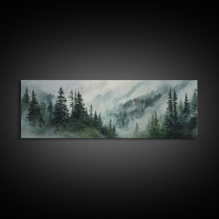 Misty Pine Mountain Temple Wall Art, Foggy Evergreen Forest Landscape, Japandi Nature Decor, Long Horizontal Canvas Print