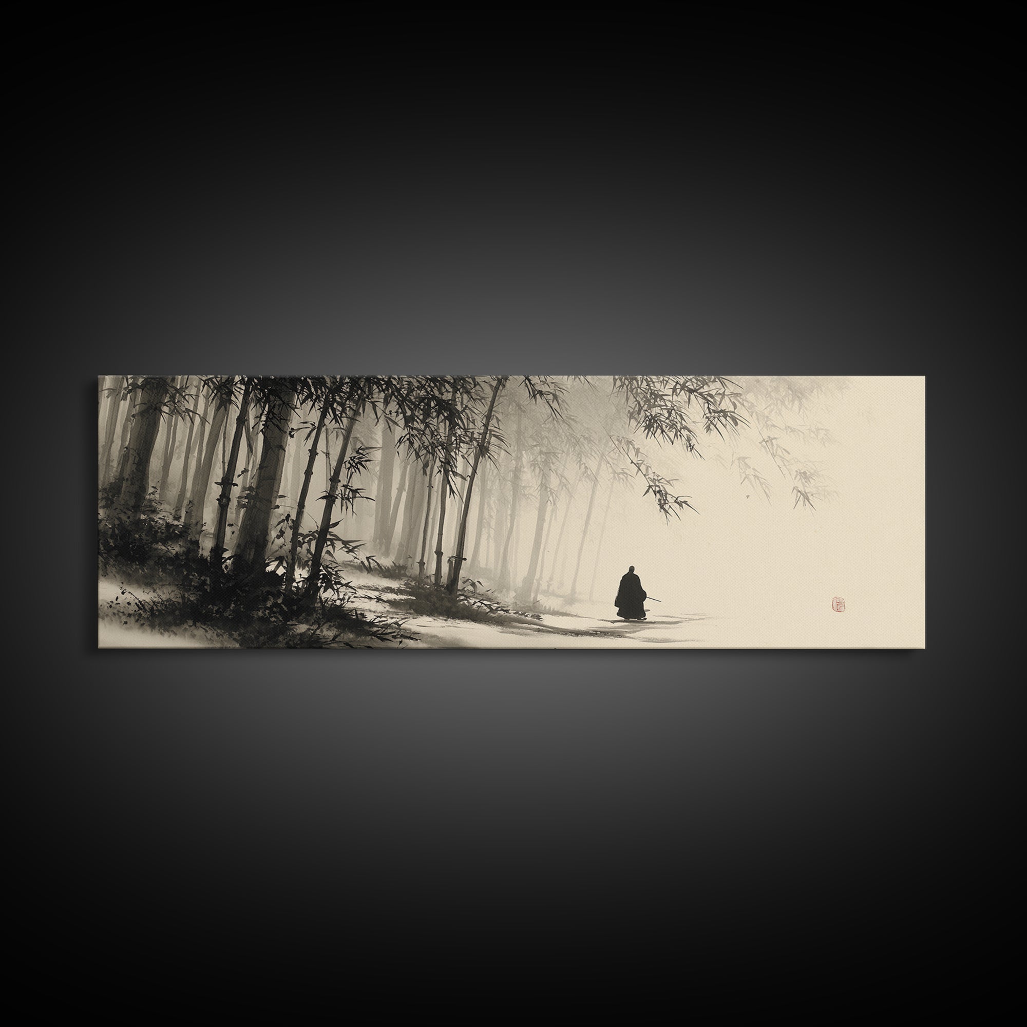 Misty Bamboo Forest Monk In Ink Wash Framed Canvas Print, Japanese Wall Art, Zen Meditation Decor, Japandi Home Decor, Calming Wall Decor
