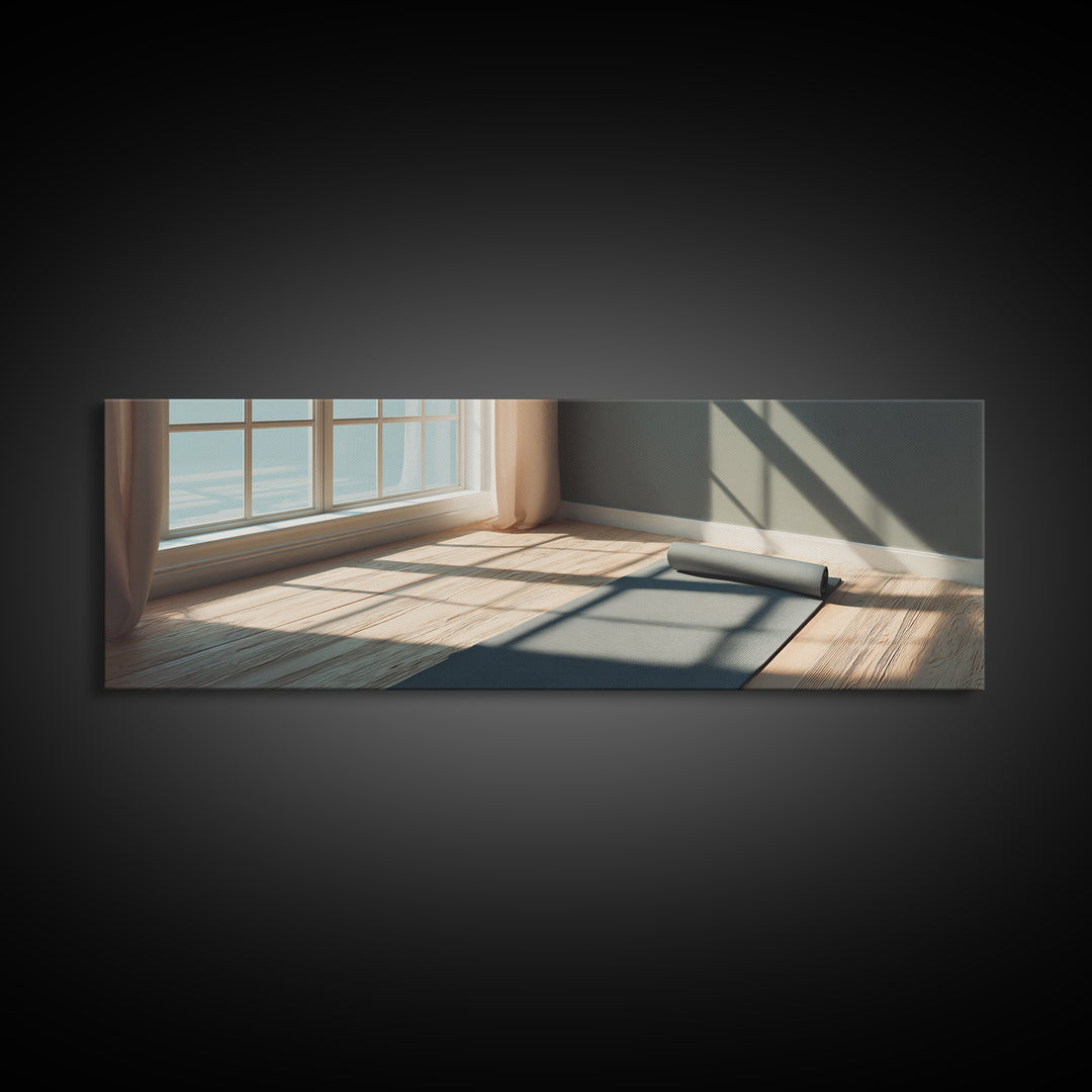 Sunlit Yoga Mat By Window Canvas Print, Calm Minimalist Fitness Studio Wall Art, Modern Wellness Room And Home Gym Decor