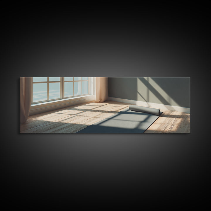 Sunlit Yoga Mat By Window Canvas Print, Calm Minimalist Fitness Studio Wall Art, Modern Wellness Room And Home Gym Decor
