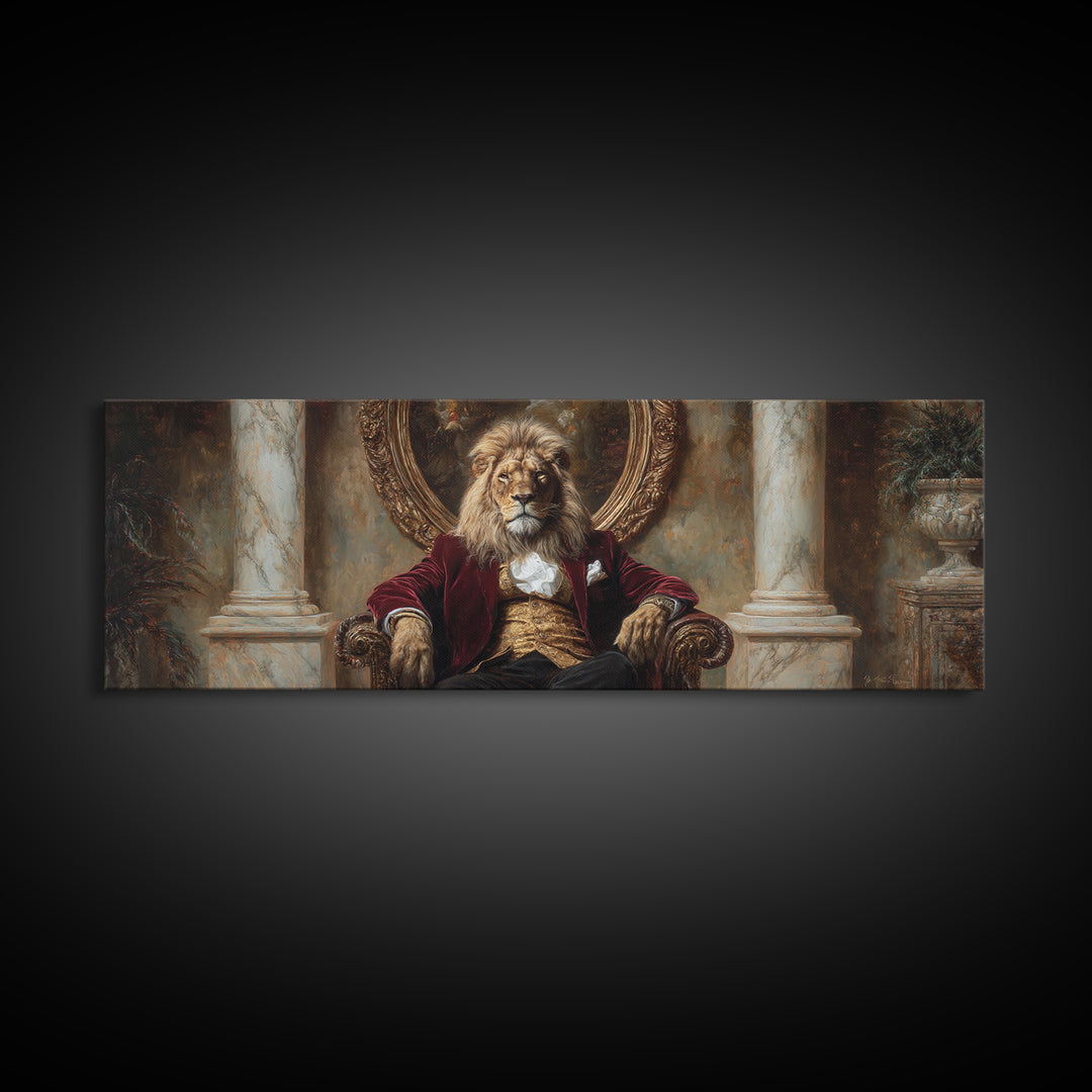 Velvet Throne Lion King Framed Canvas Print, Royal Animal Portrait, Bold Baroque Wall Decor, Luxury Office Art, Gift For Him