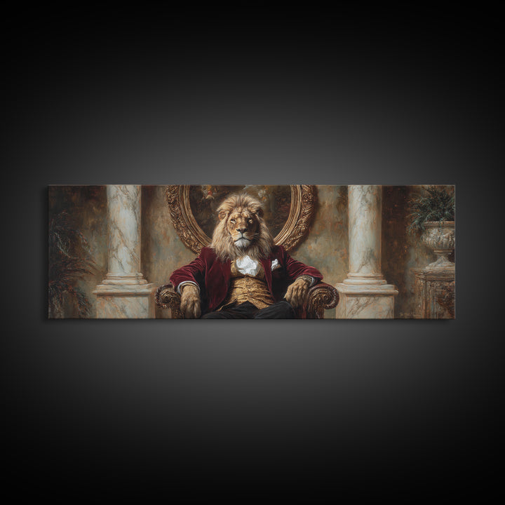 Velvet Throne Lion King Framed Canvas Print, Royal Animal Portrait, Bold Baroque Wall Decor, Luxury Office Art, Gift For Him