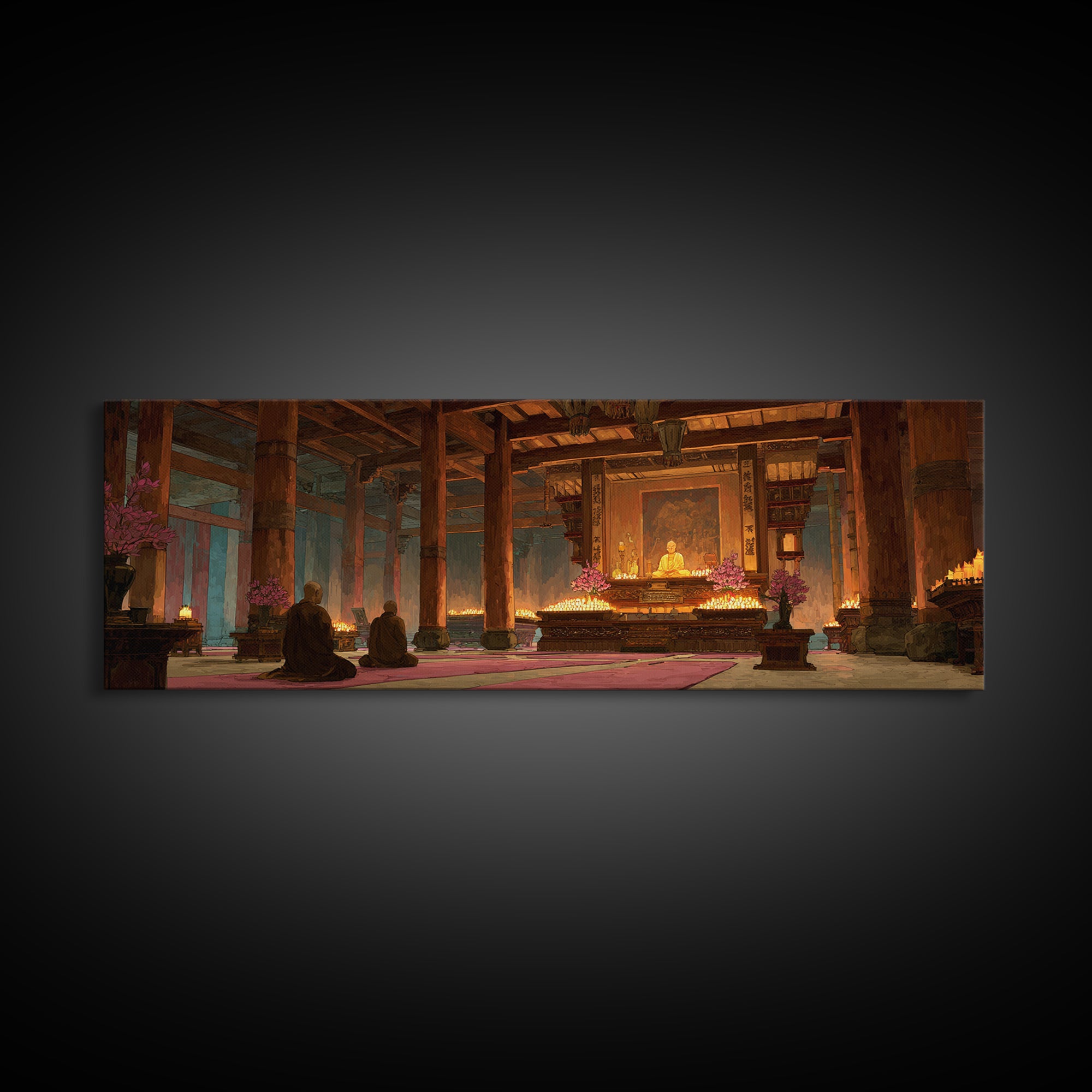 Candlelit Buddhist Temple Meditation Wall Art, Zen Canvas Print For Yoga Room Decor, Spiritual Home Decor And Prayer Room