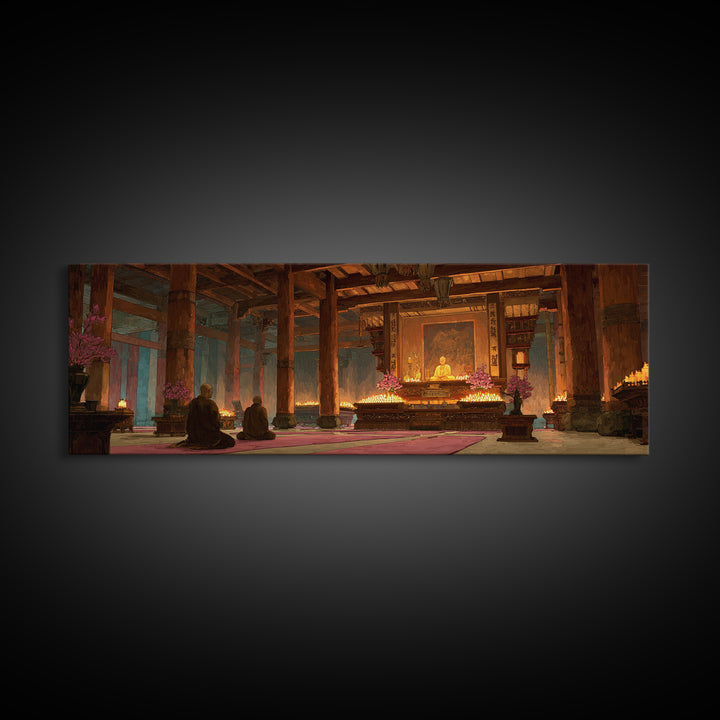 Candlelit Buddhist Temple Meditation Wall Art, Zen Canvas Print For Yoga Room Decor, Spiritual Home Decor And Prayer Room