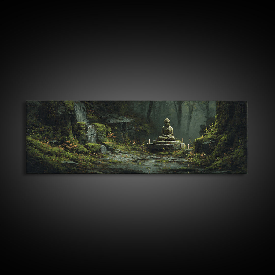 Mossy Forest Buddha Sanctuary, Zen Wall Art, Meditation Canvas Print, Serene Nature Decor, Spa And Yoga Room Decor, Home Decor