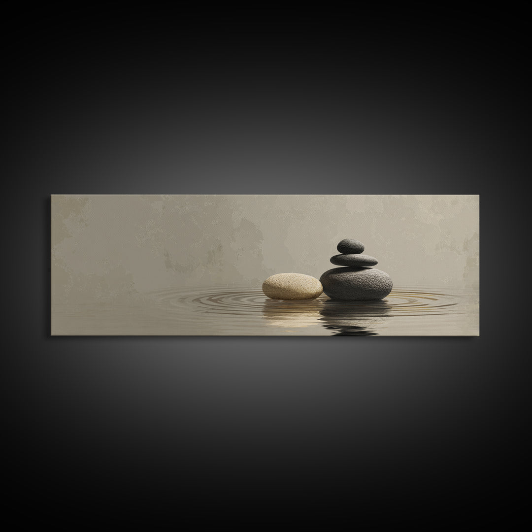 Zen Stacked Stones Framed Canvas Print, Neutral Water Reflection, Minimalist Spa Wall Art, Calm Japandi Meditation Room Home Decor