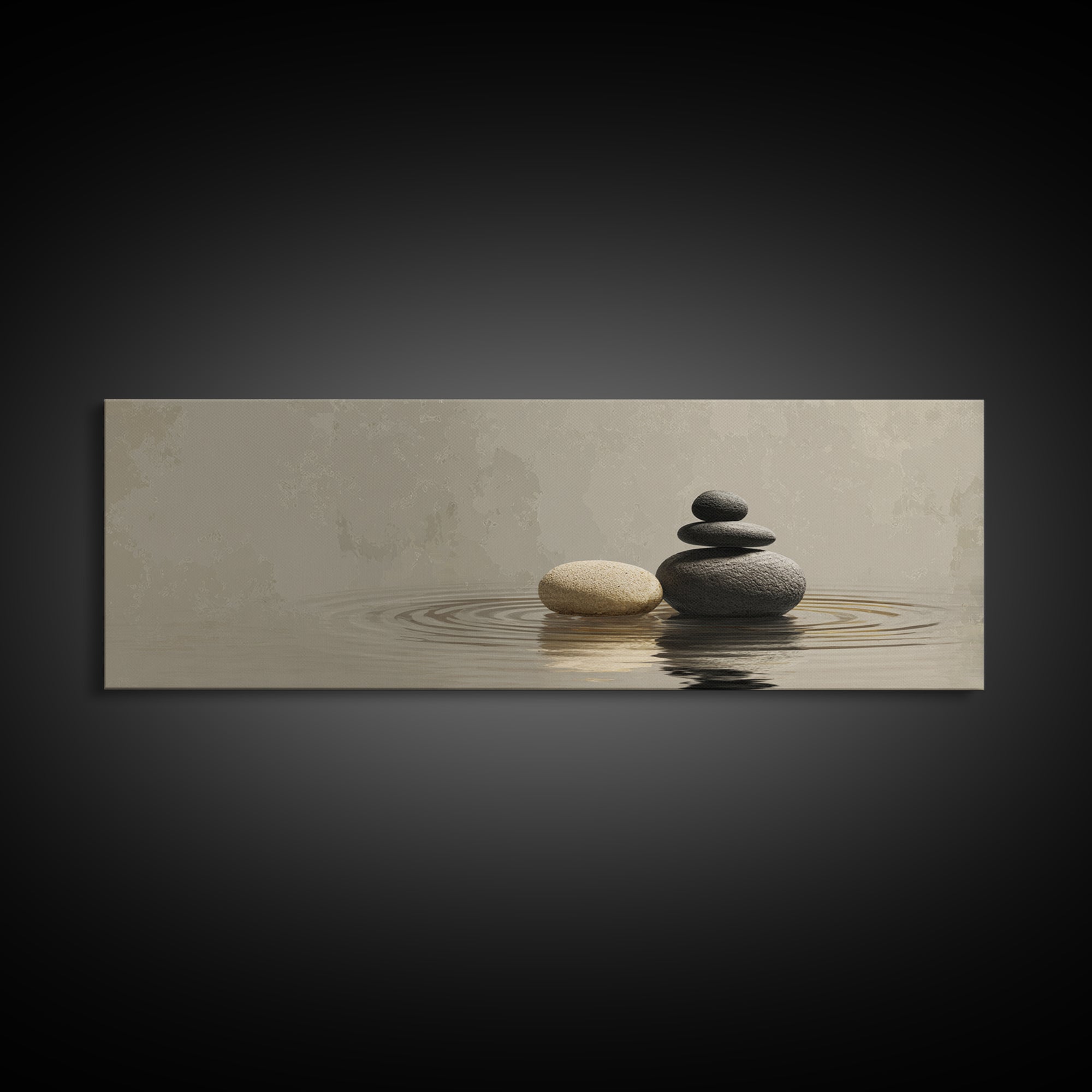 Zen Stacked Stones Framed Canvas Print, Neutral Water Reflection, Minimalist Spa Wall Art, Calm Japandi Meditation Room Home Decor
