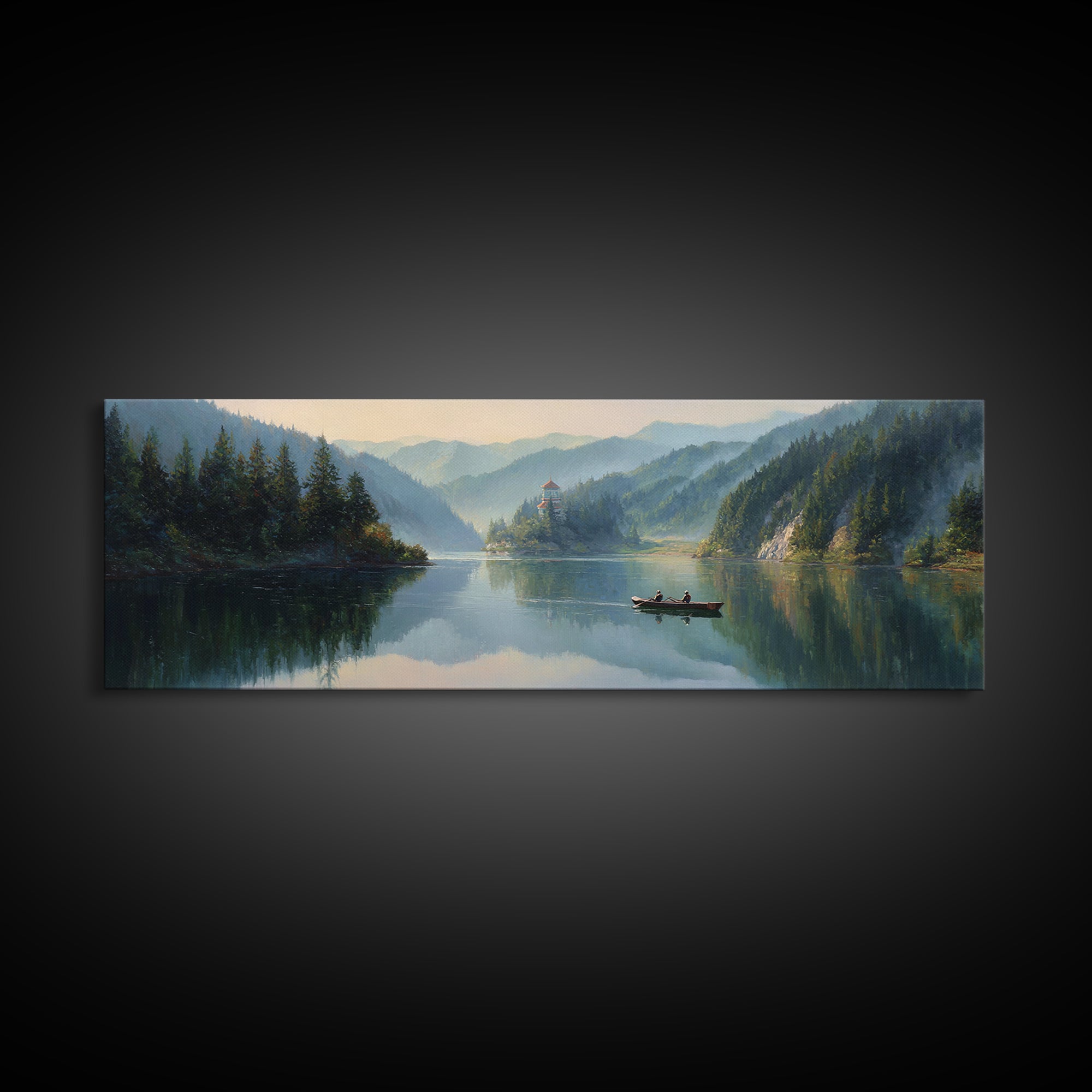 Misty Mountain Lake Boat Wall Art, Serene Landscape Canvas Print, Cabin Decor, Nature Painting, Large Living Room Decor, Housewarming Gift