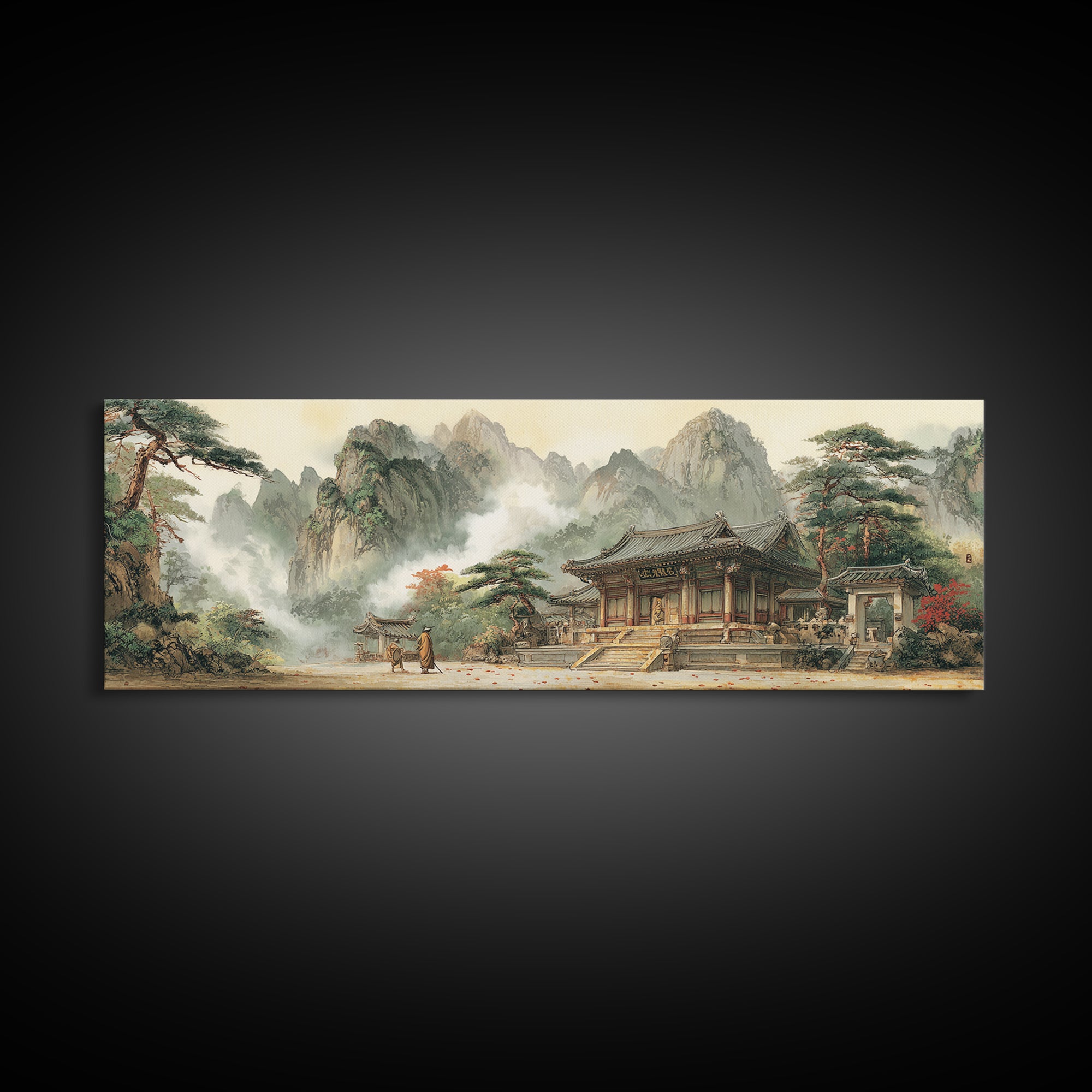 Korean Mountain Temple Wall Art, Asian Landscape Canvas Print, Zen Wall Decor, Traditional Home Art, Fine Art Print, Meditation Room Art