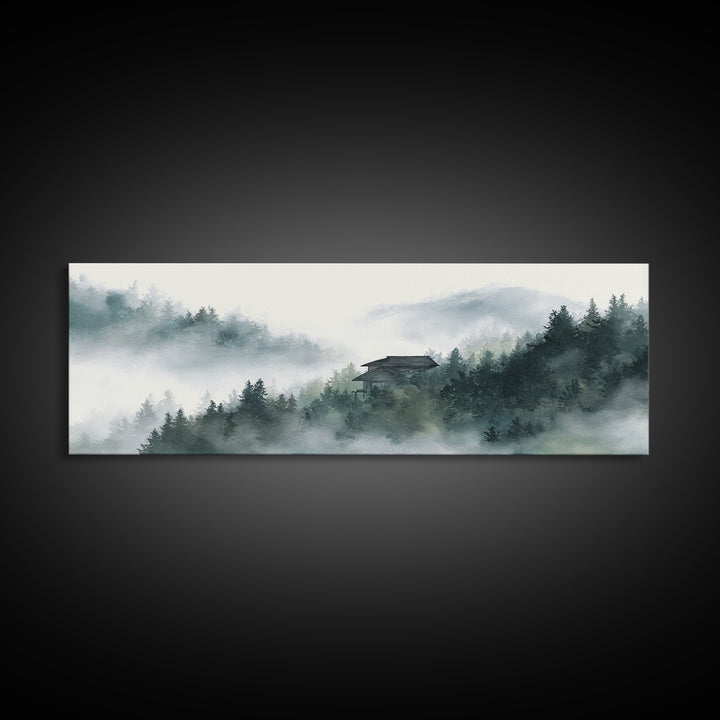 Misty Forest Cabin In Mountain Fog Wall Art, Japandi Landscape Print, Calming Nature Decor, Neutral Home Decor For Living Room