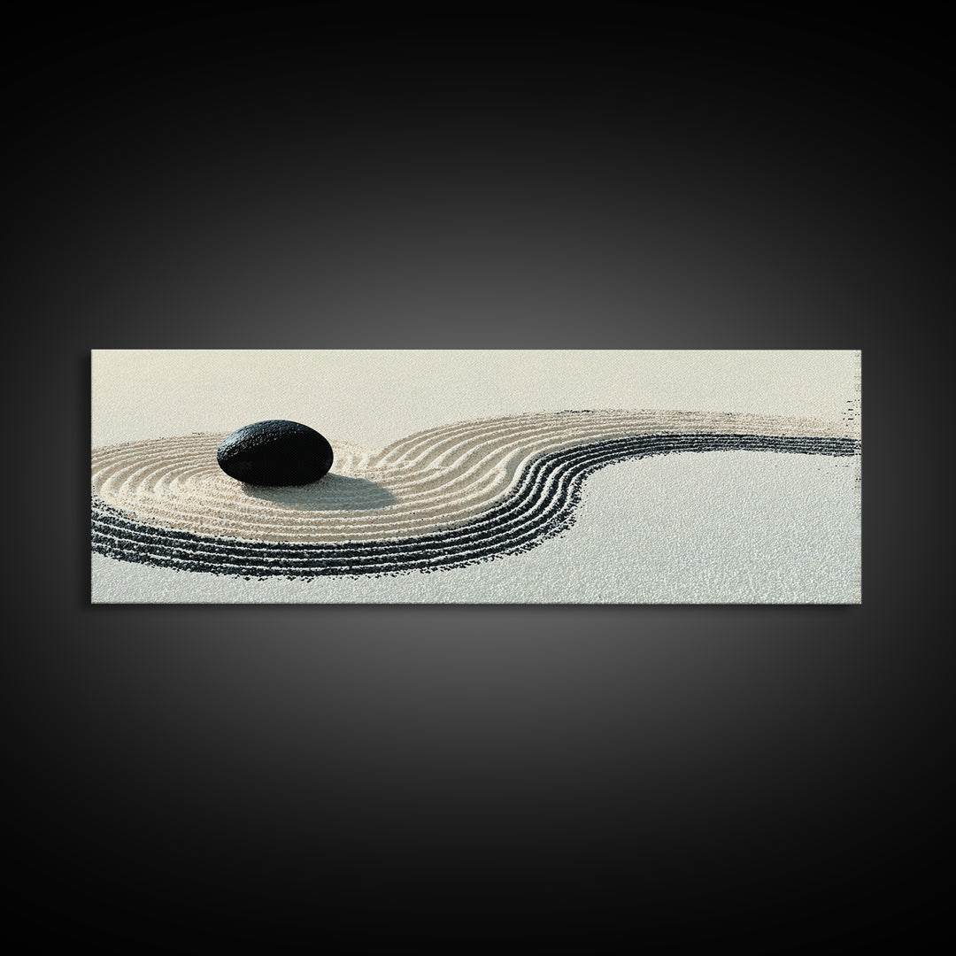 Black Stone Zen Garden Wall Art, Minimalist Sand Ripple Canvas Print, Japandi Spa Decor, Neutral Meditation Room Poster Print