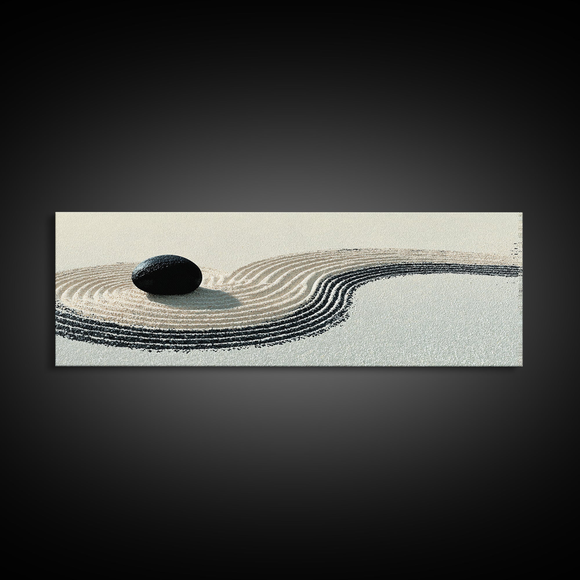 Black Stone Zen Garden Wall Art, Minimalist Sand Ripple Canvas Print, Japandi Spa Decor, Neutral Meditation Room Poster Print
