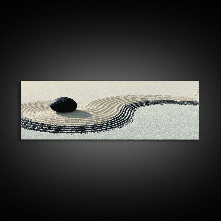 Black Stone Zen Garden Wall Art, Minimalist Sand Ripple Canvas Print, Japandi Spa Decor, Neutral Meditation Room Poster Print
