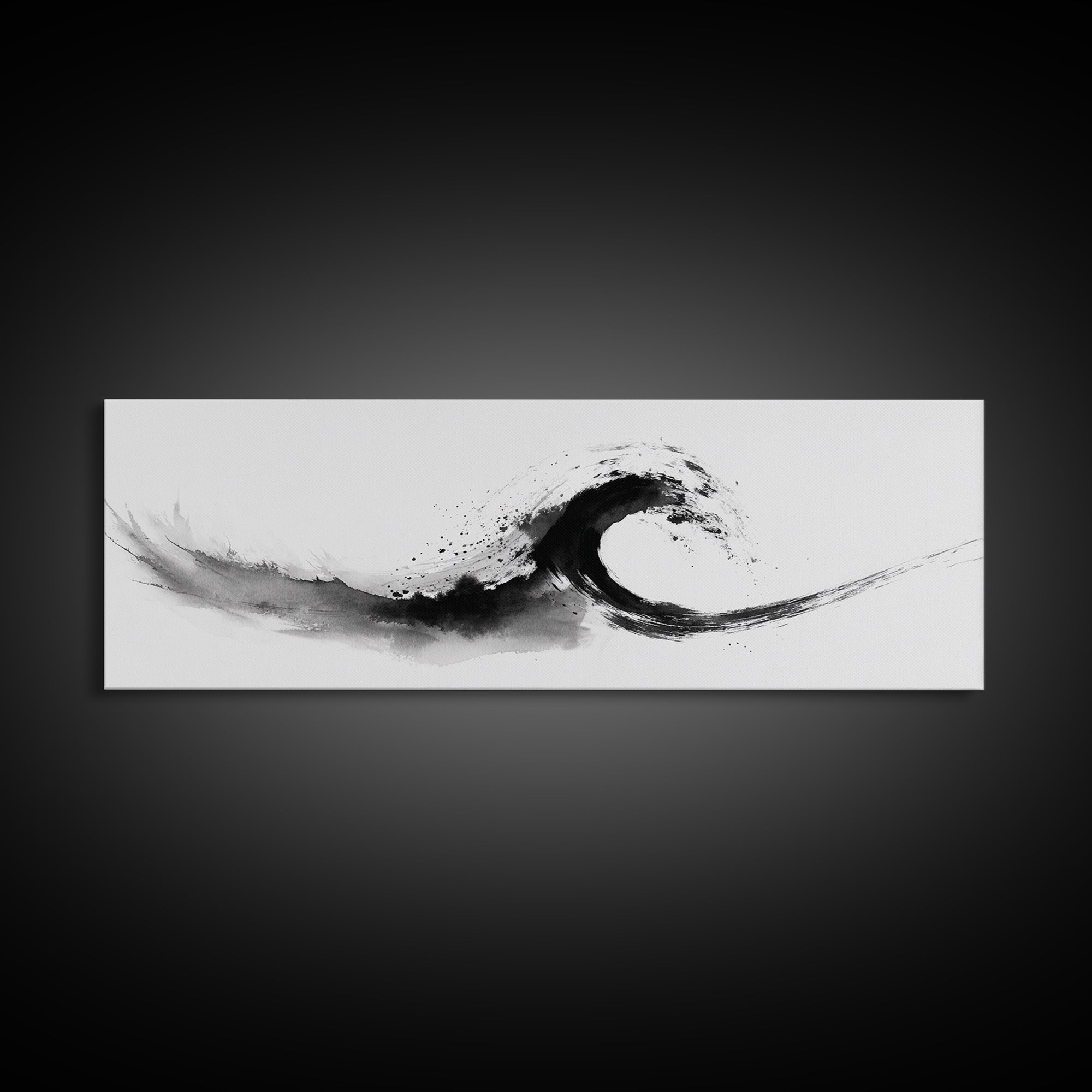 Black Ink Wave Minimalist Seascape Wall Art, Japanese Sumi Ocean Print, Coastal Zen Decor, Modern Black And White Art, Long Horizontal Art