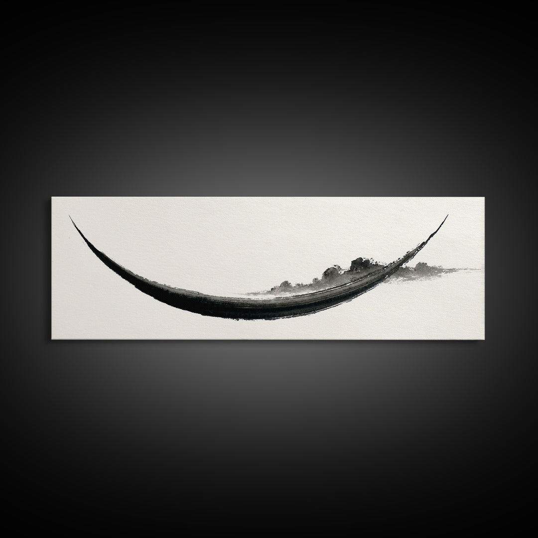 Minimal Black Ink Boat Wall Art, Japanese Zen Canvas Print, Monochrome Abstract, Wabi Sabi Decor, Long Horizontal Art Print