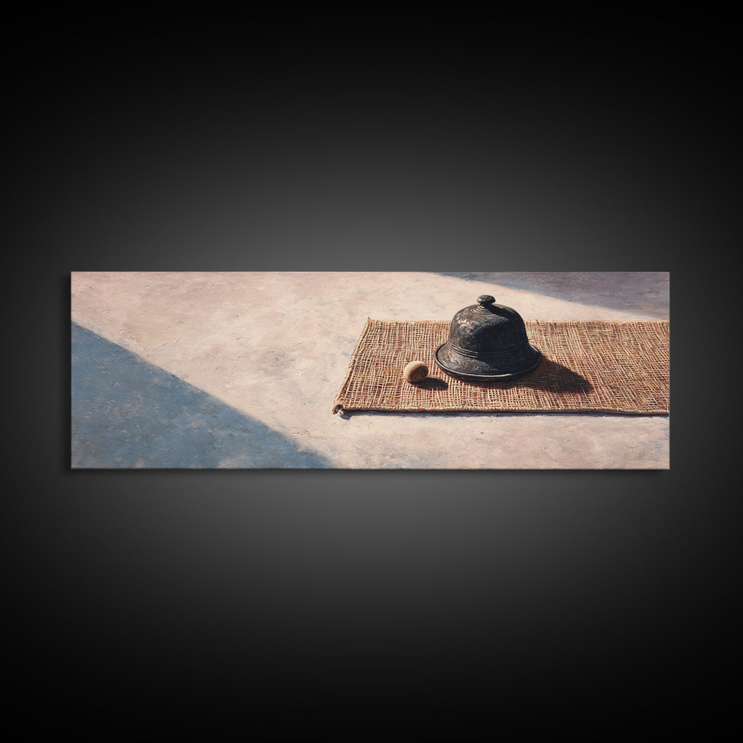 Sunlit Cloche On Woven Mat Canvas Print, Minimalist Still Life Wall Art, Rustic Kitchen Decor, Neutral Modern Home Decor