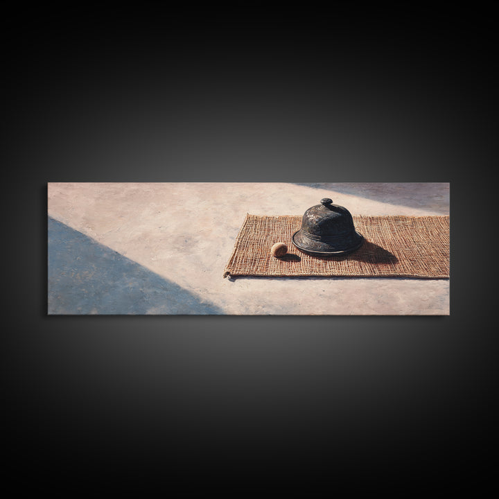 Sunlit Cloche On Woven Mat Canvas Print, Minimalist Still Life Wall Art, Rustic Kitchen Decor, Neutral Modern Home Decor