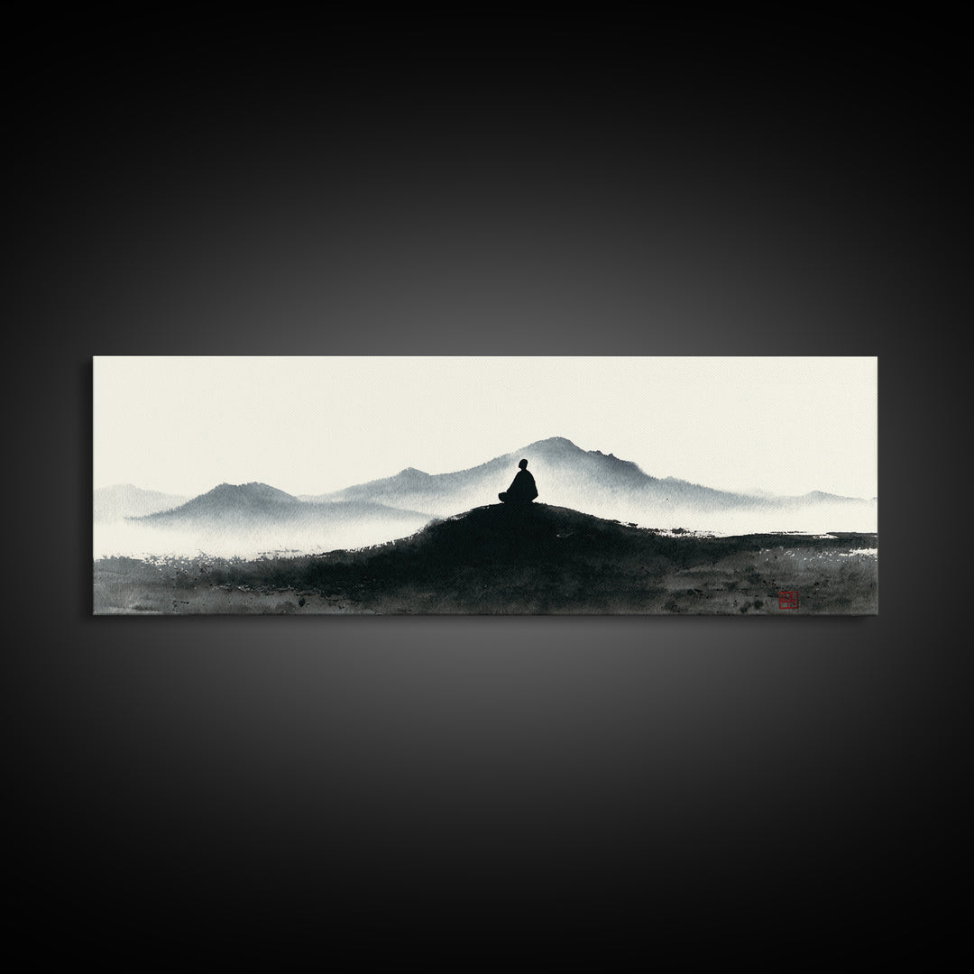 Minimalist Monk Mountain Wall Art, Japanese Ink Wash Landscape, Zen Meditation Decor, Black And White Framed Canvas Print