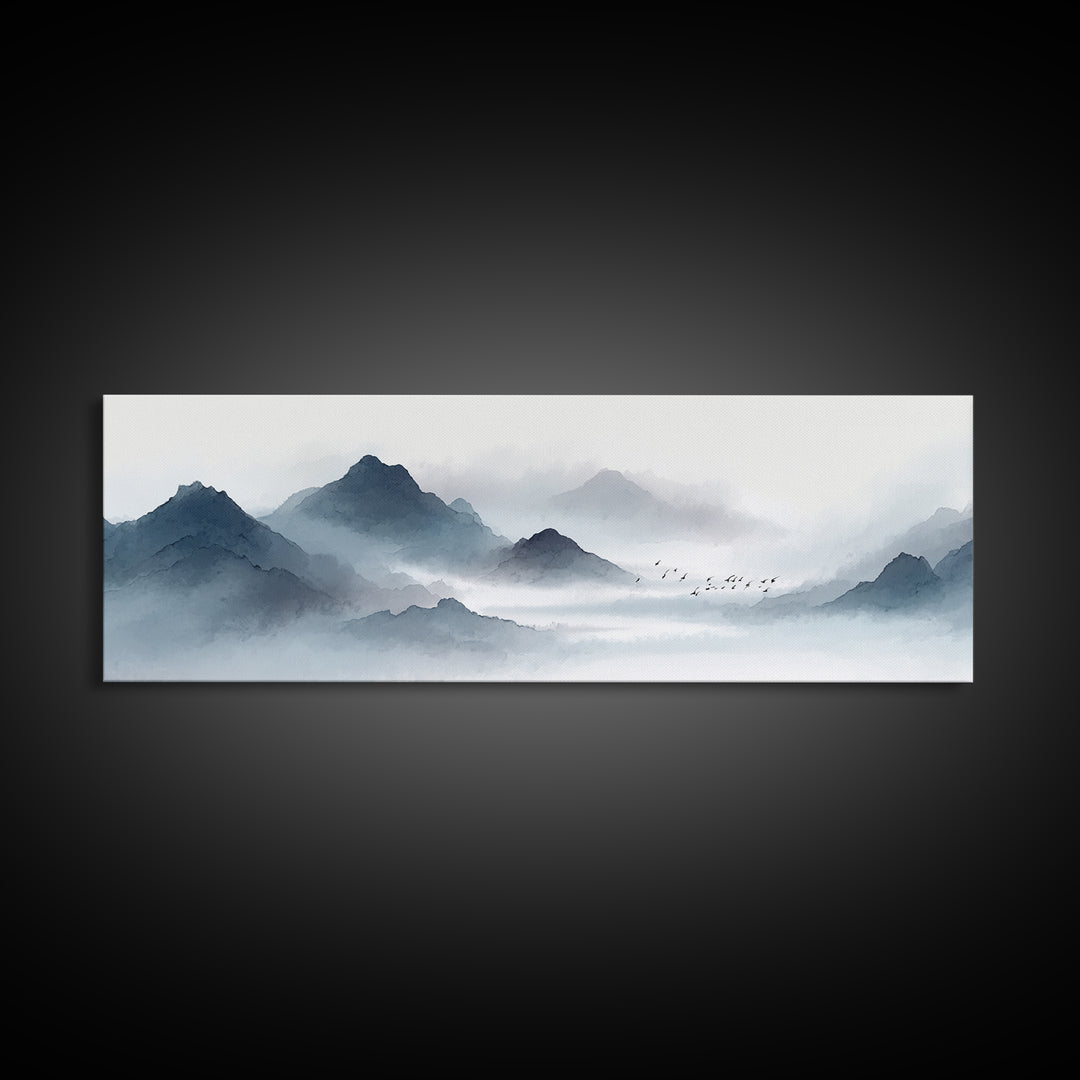 Misty Ink Mountain Landscape Canvas Print, Minimalist Japanese Wall Art, Black And White Zen Decor, Calming Office Art Print