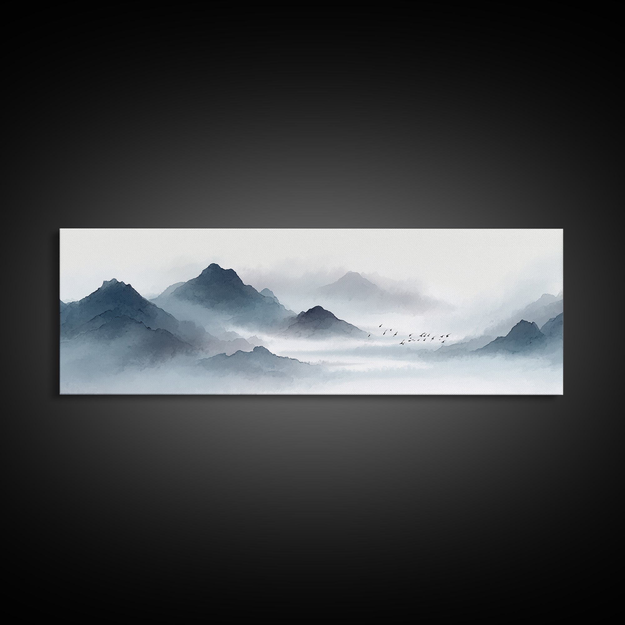 Misty Ink Mountain Landscape Canvas Print, Minimalist Japanese Wall Art, Black And White Zen Decor, Calming Office Art Print