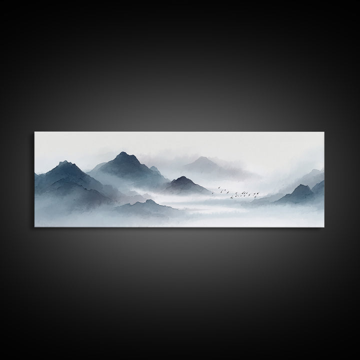 Misty Ink Mountain Landscape Canvas Print, Minimalist Japanese Wall Art, Black And White Zen Decor, Calming Office Art Print