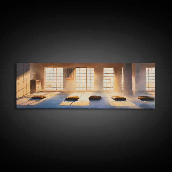 Sunlit Meditation Room With Floor Cushions Canvas Print, Zen Wall Art, Yoga Studio Decor, Calm Minimalist Spa Home Decor